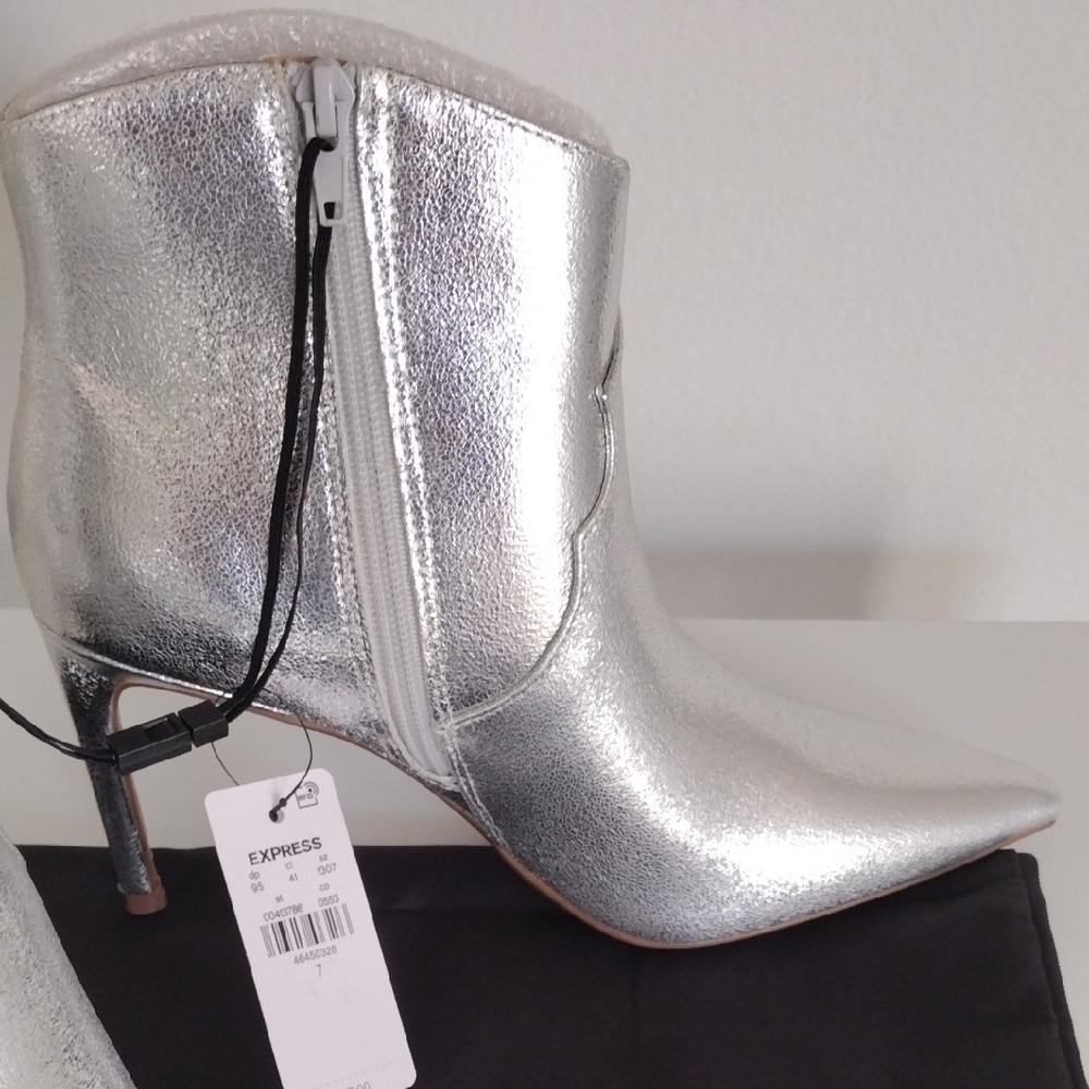 Express Pointed Toe Thin Heeled Booties. Metallic Silver. Size 7 - Picture 7 of 16